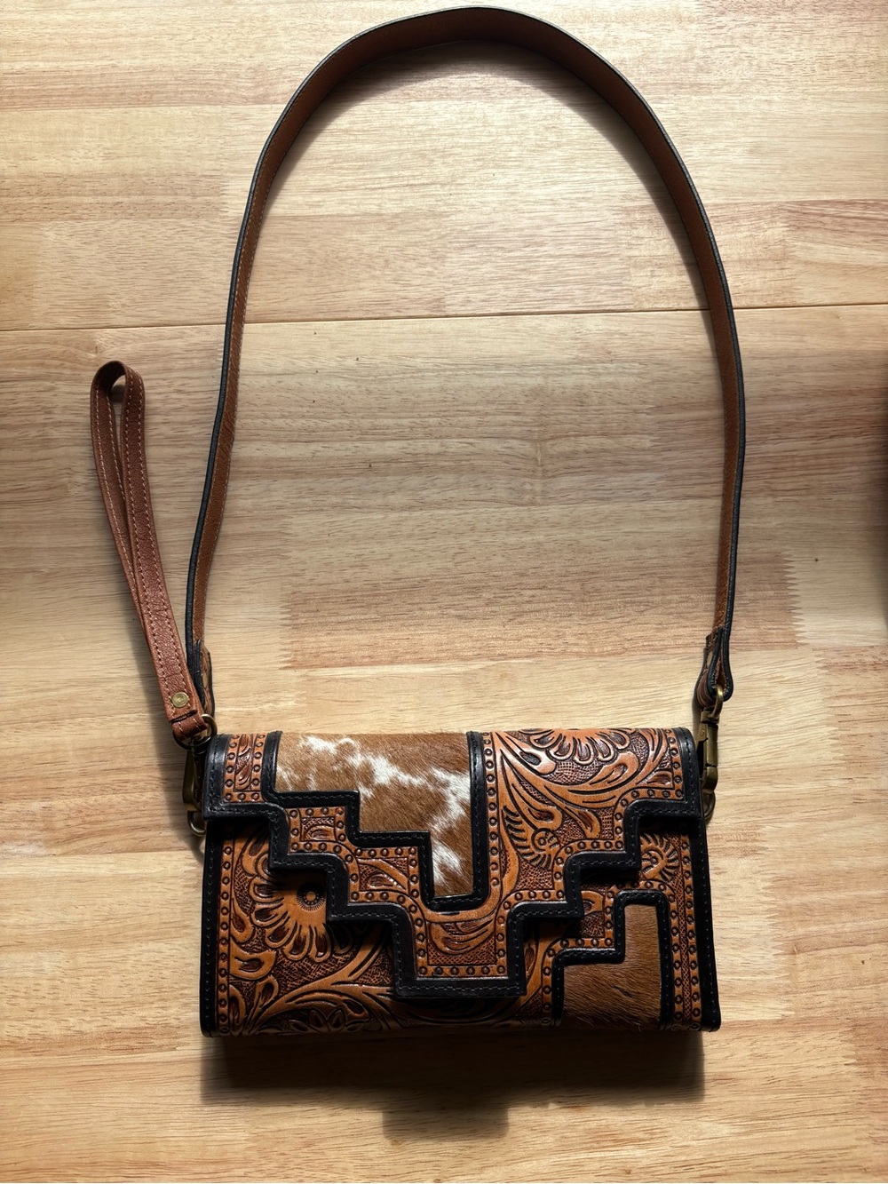 Brown Tooled Leather wallet with Haircalf Accent